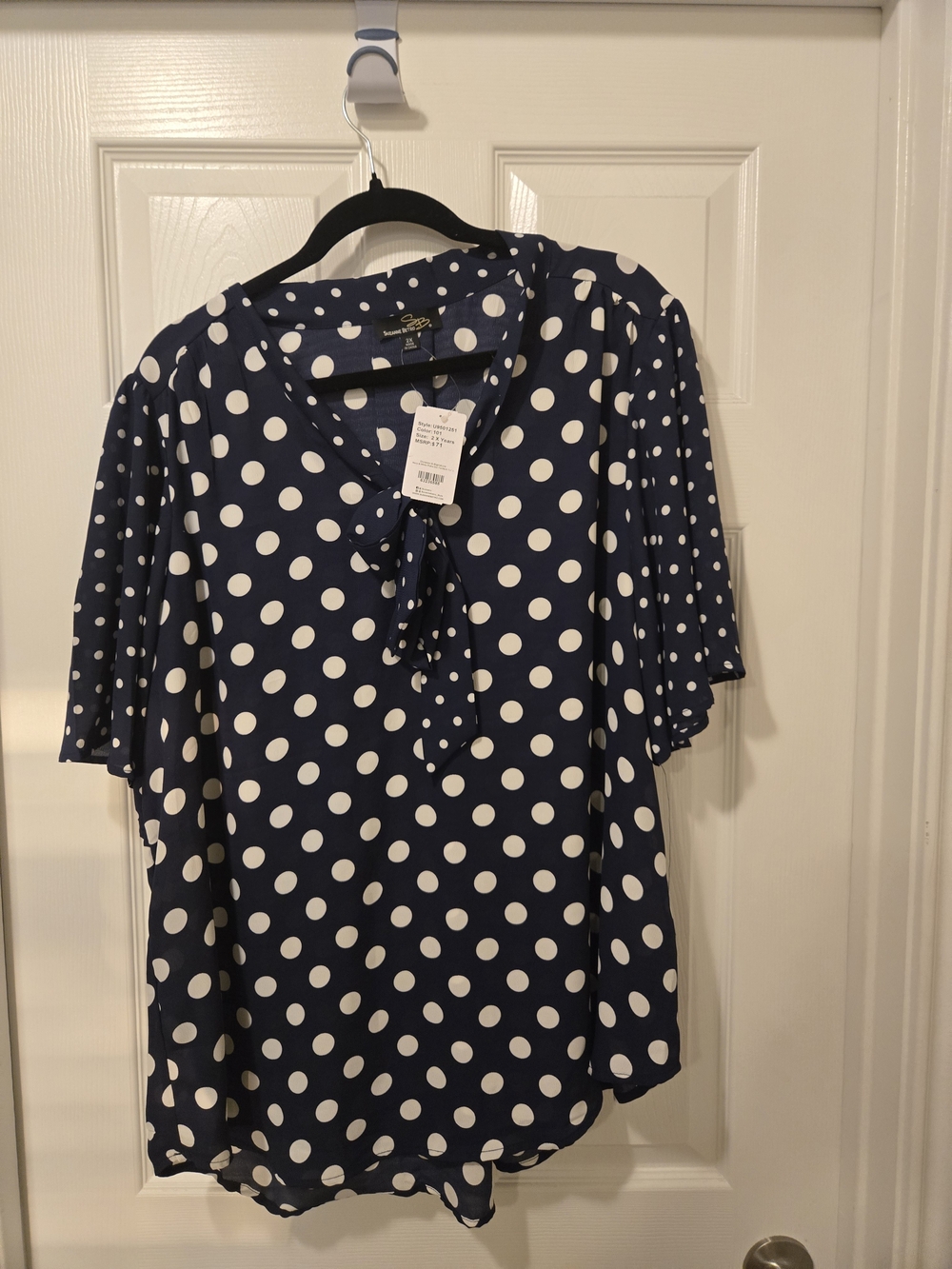 Suzanne Betro Navy & White Polka Dot Tie-Neck Blouse